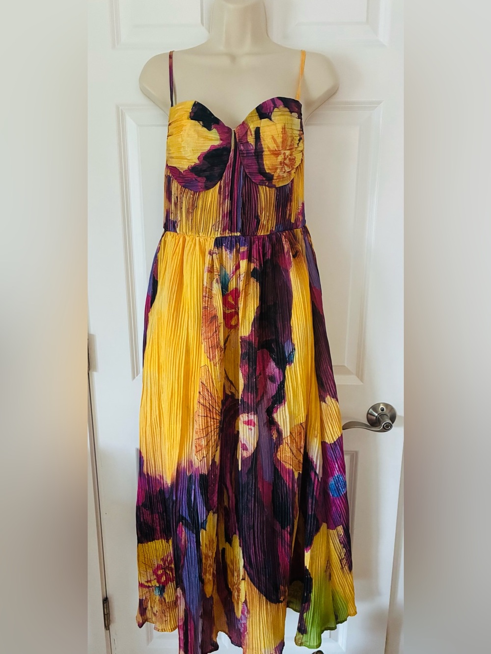 Vibrant Yellow & Purple Floral Pleated Maxi Dress Brand New